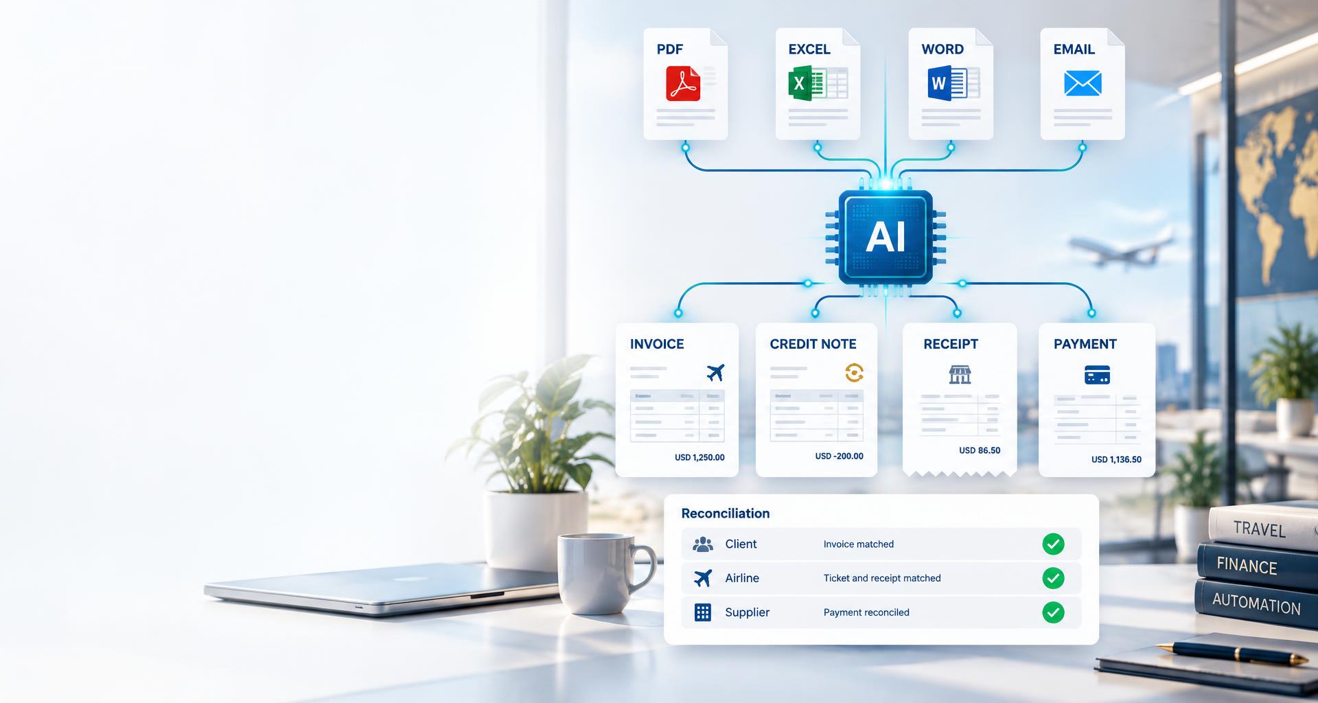 PDF, Excel, Word and email documents flowing through AI into invoices, credit notes, receipts, payments and client, airline and supplier reconciliation