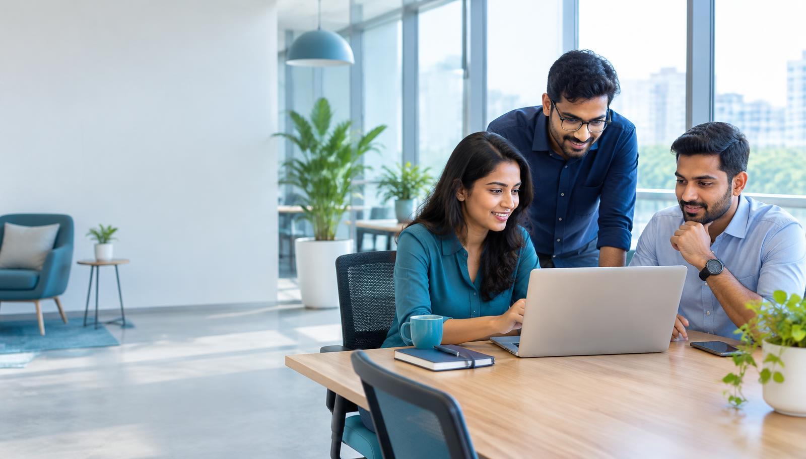 Illustration of a software team collaborating in a bright office