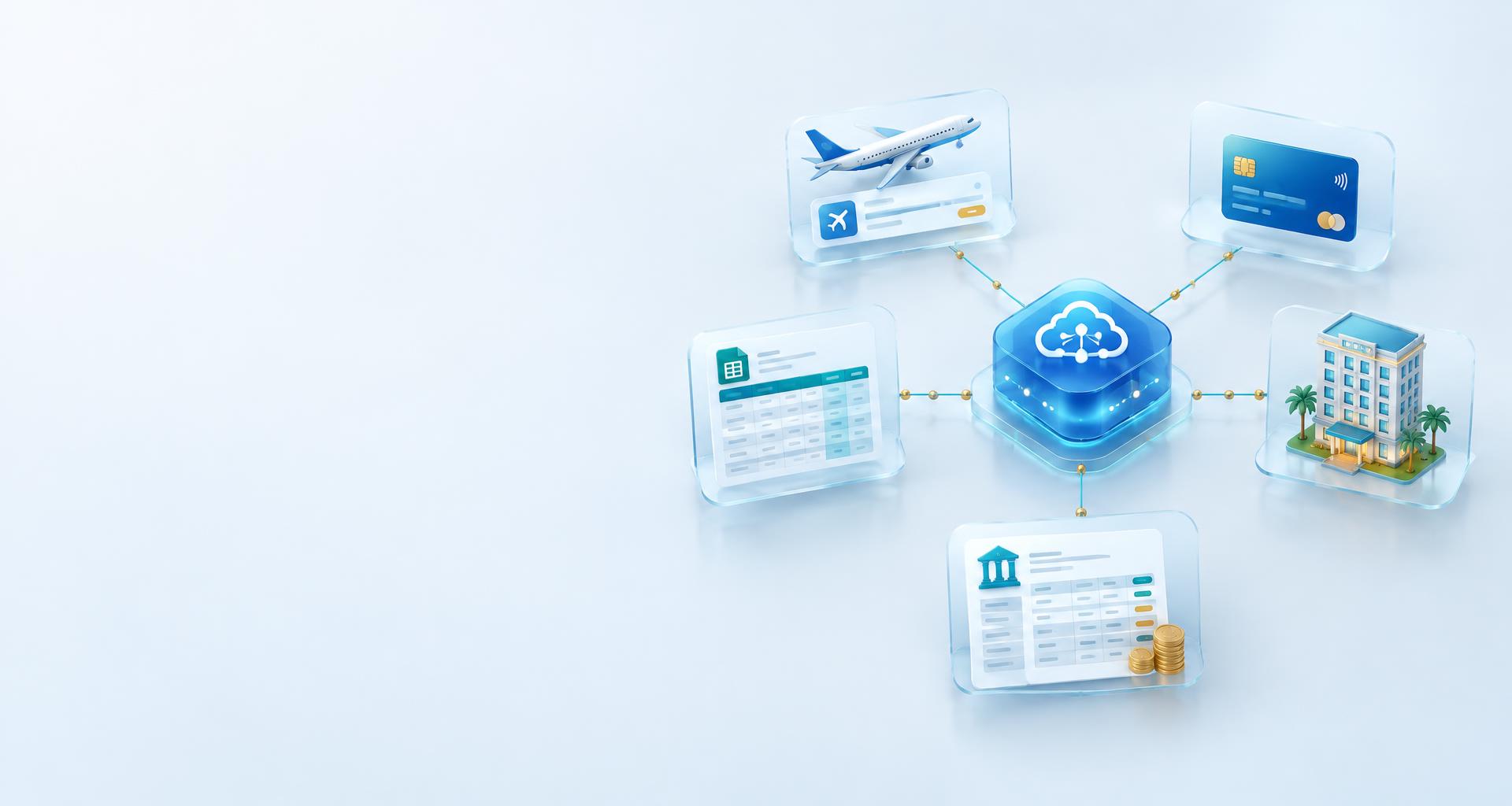 Connected flight bookings, payments, spreadsheets, hotel and accounting systems around an integration hub