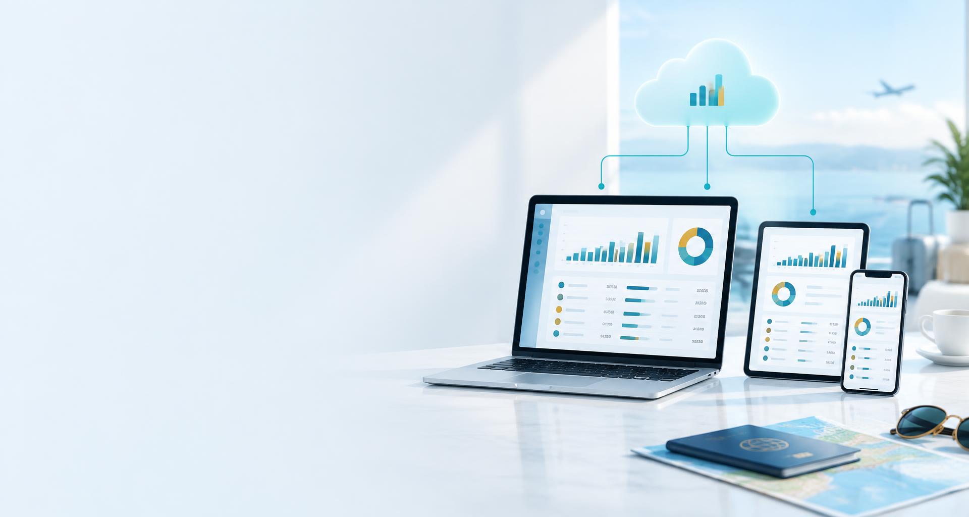 Cloud-connected laptop, tablet and phone displaying synchronized financial accounts