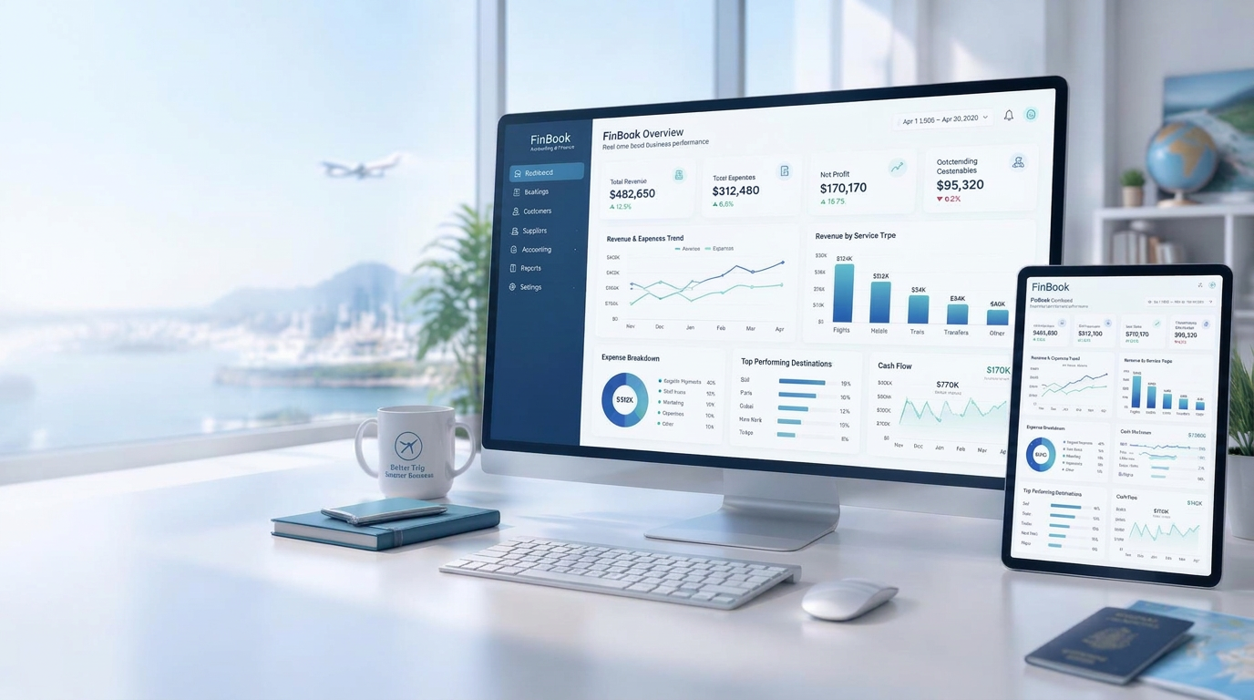 Desktop monitor and tablet showing a synchronized financial dashboard with revenue, expenses, charts and cash flow