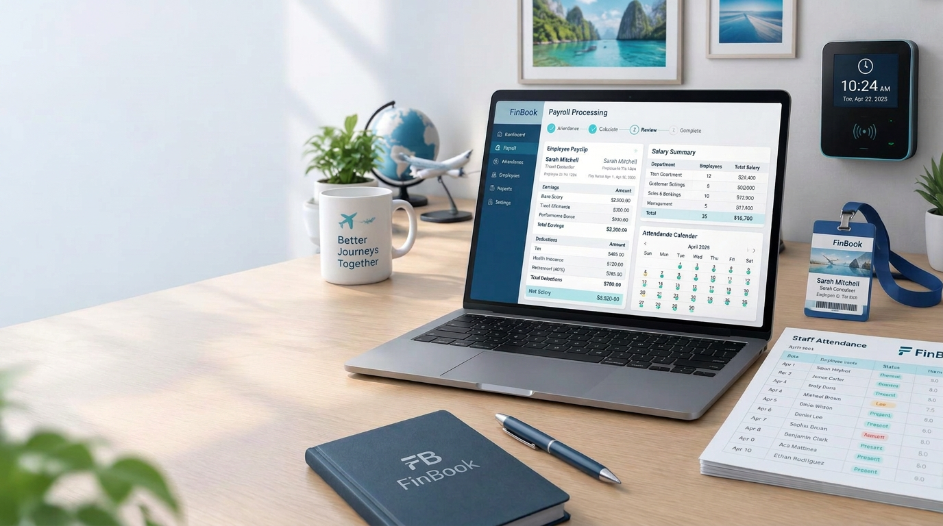 Laptop showing payroll processing with payslip, salary summary and attendance calendar beside an attendance register and time clock