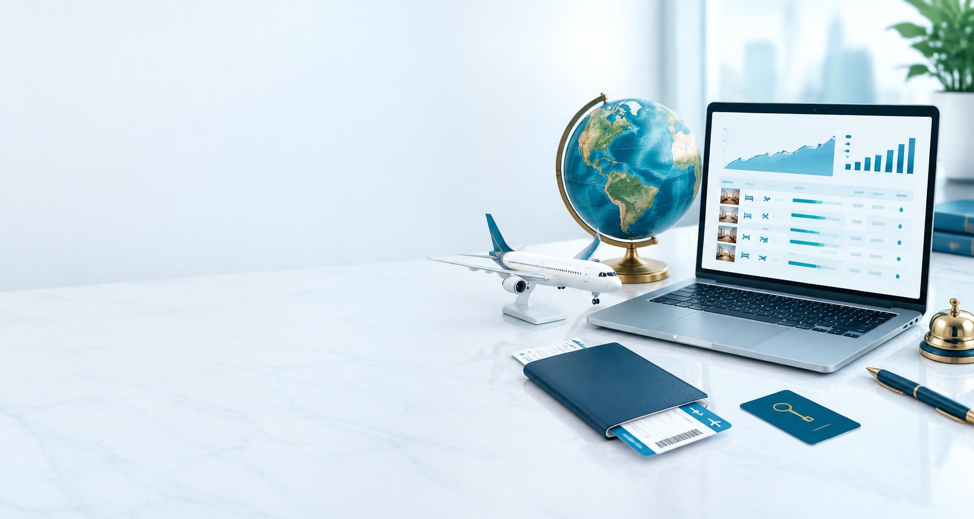 Travel accounting laptop with a globe, passenger airplane, passport and hotel key card