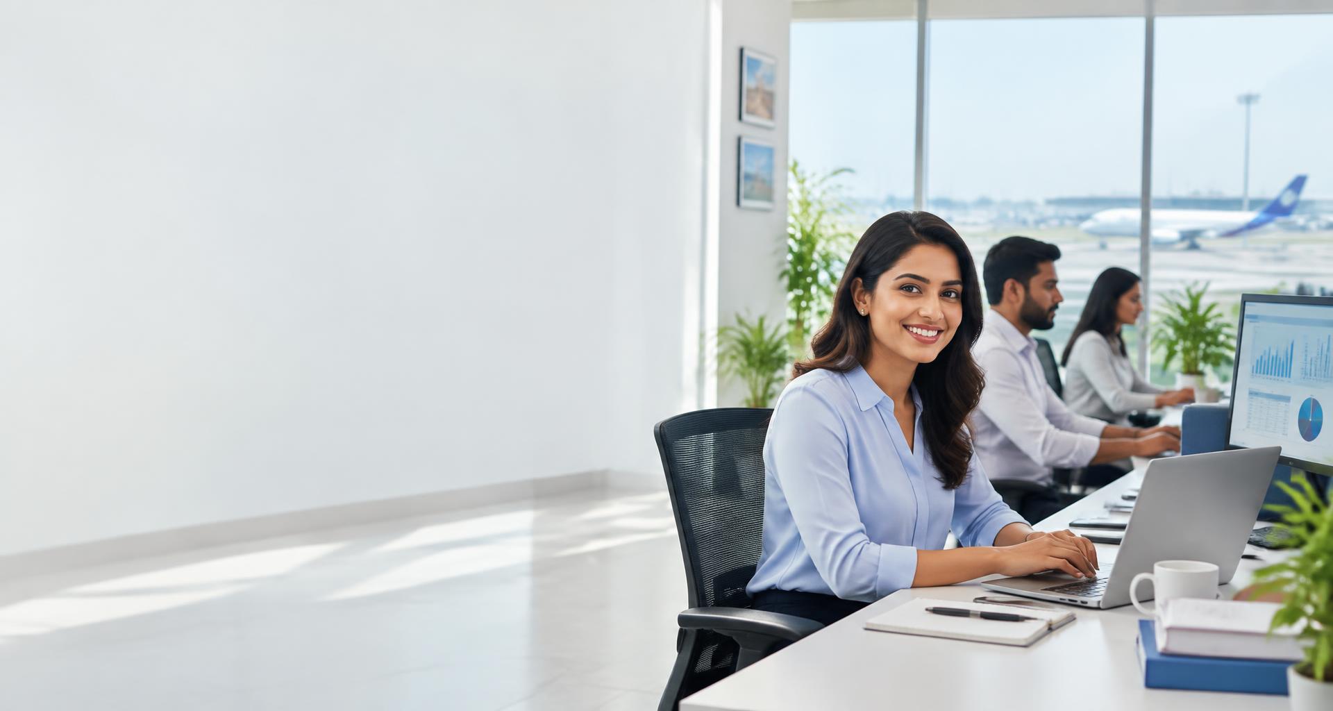 Travel professionals working together in a bright, connected office